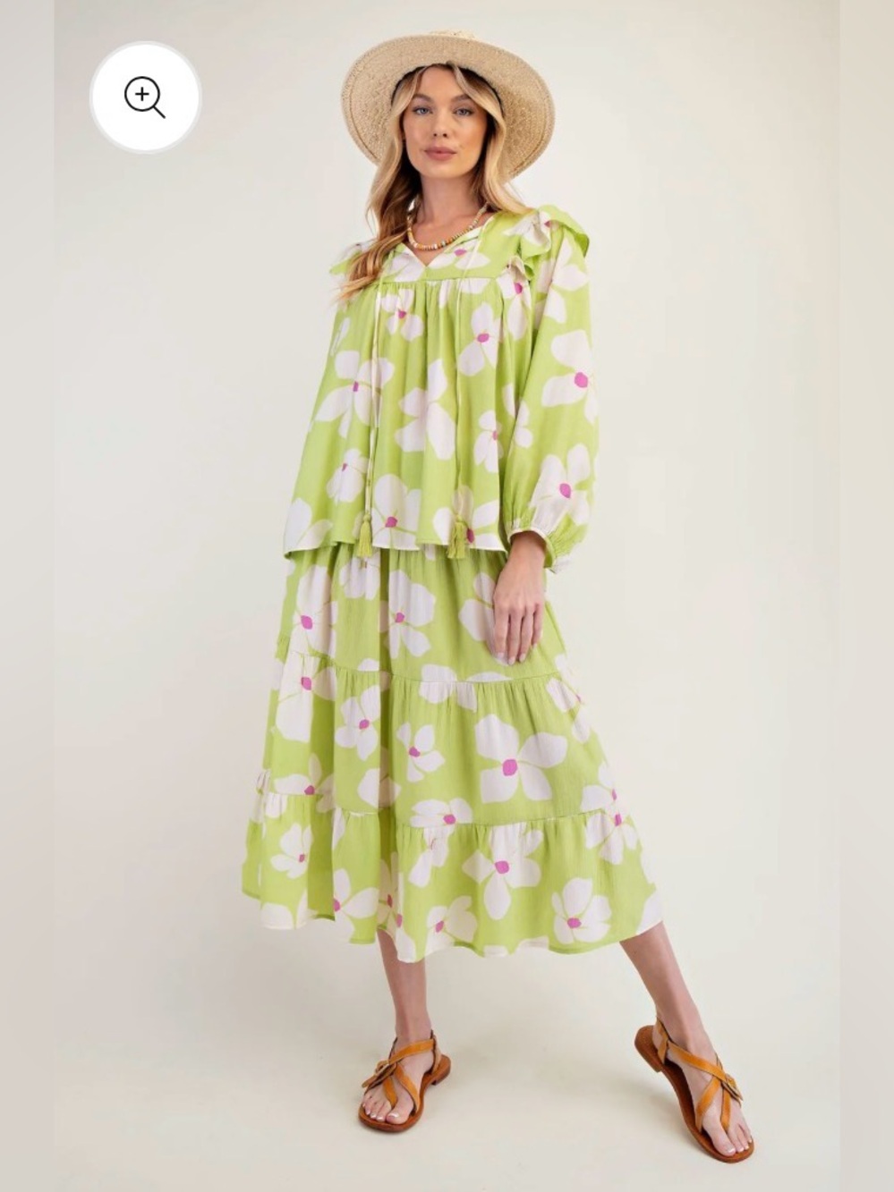 NWT Easel Los Angeles Lime Green Floral Ruffle Detail Skirt & Top Set Size Small